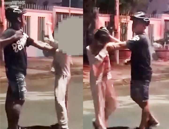 Người chồng đánh nhiều lần vào cô gái. (Ảnh cắt từ clip)