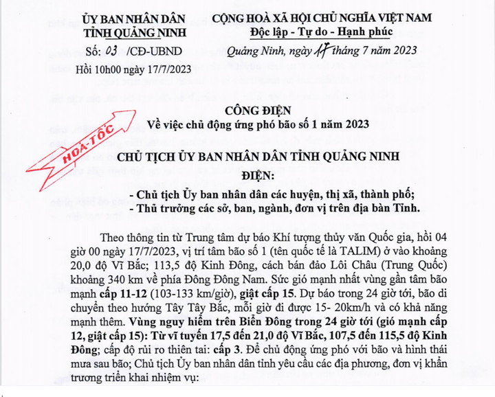Trưa 17/7, UBND tỉnh Quảng Ninh phát đi công điện hỏa tốc chỉ đạo ứng phó bão số 1.