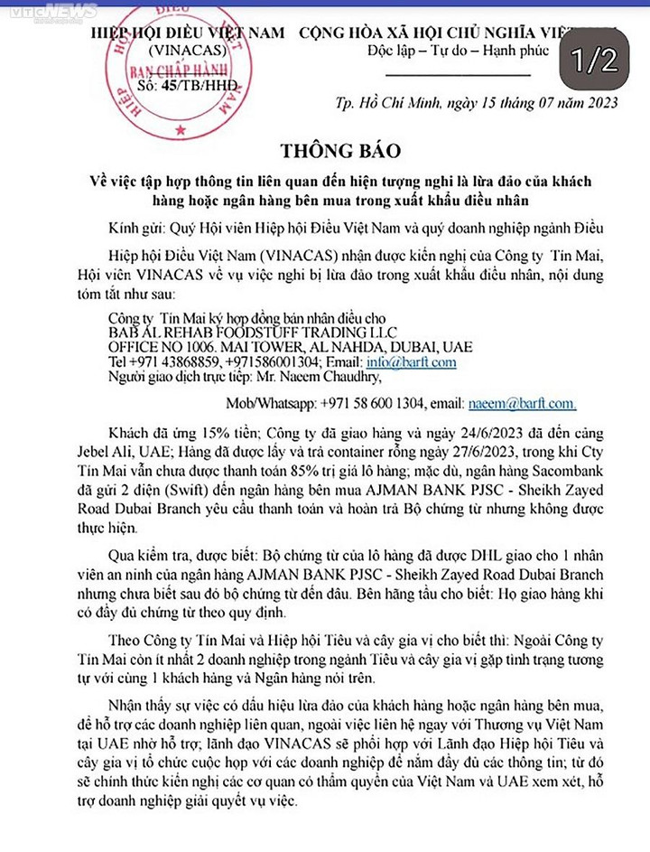 3 doanh nghiệp Việt xuất khẩu tiêu, điều nghi bị đối tác UAE lừa đảo, quỵt tiền - 1