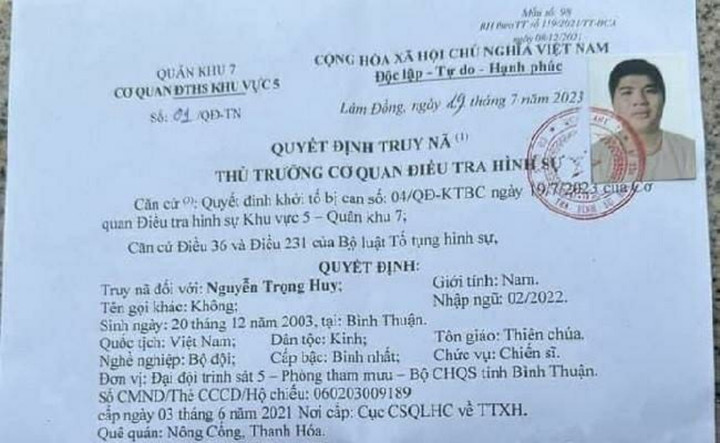 Quyết định truy nã về tội Đào ngũ đối với Nguyễn Trọng Huy, ngày 19/7. Ảnh: Cơ quan chức năng cung cấp