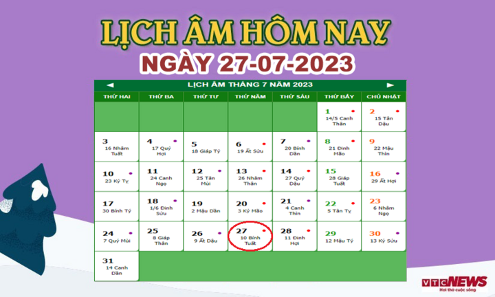 Xem lịch âm thời điểm ngày hôm nay ngày 27/7/2023.