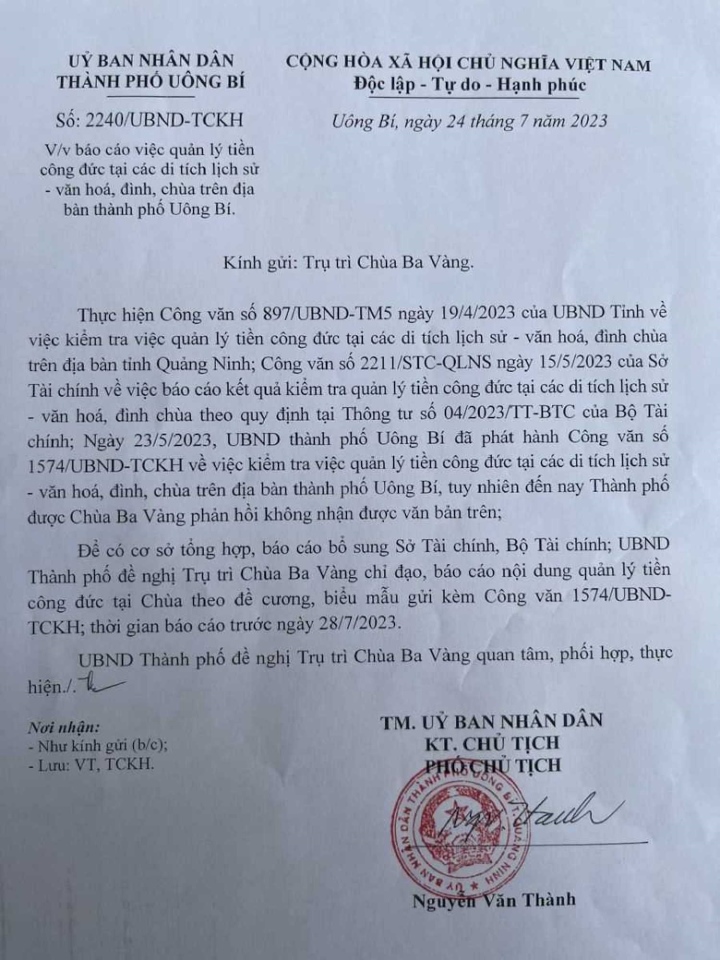 UBND TP Uông Bí đề nghị chùa Ba Vàng báo cáo bổ sung công tác quản lý tiền công đức - 1