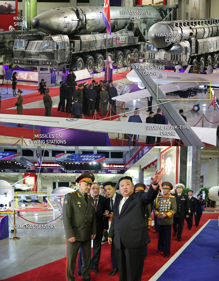 Máy bay không người lái giống UAV MQ-9 được trang bị tên lửa loại Hellfire và các loại tên lửa khác do Triều Tiên chế tạo. (Ảnh: NK News)