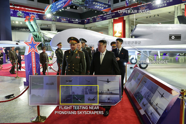 Các hình ảnh về chuyến bay thử nghiệm của UAV trinh sát chiến lược kiểu Global Hawk cho thấy nó bay qua các tòa nhà chọc trời ở thủ đô Bình Nhưỡng. (Ảnh: NK News)