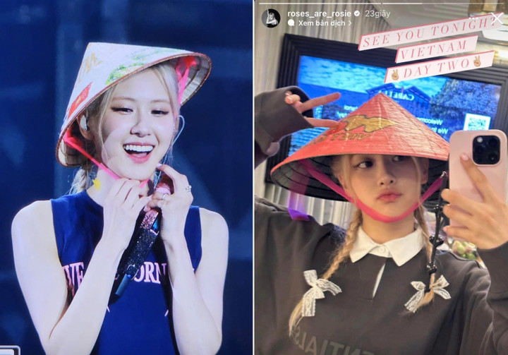 Rosé chiều lòng người hâm mộ khi đội hai phiên bản nón lá trên sân khấu và khi đăng ảnh lên trang cá nhân có gần 73 triệu follower. Ảnh: @rose_are_rosie.