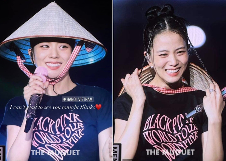 Trước giờ diễn đêm thứ hai, Jisoo đăng ảnh biểu diễn với nón lá lên trang cá nhân hơn 74,6 triệu người theo dõi. Jisoo là thành viên được fan "ưu ái" nhất trong đêm diễn tối 29/7, khi 30.000 khán giả hòa giọng phiên bản tự Việt hóa khi nữ ca sĩ thể hiện bản hit Flower. Ảnh: @sooyaaa__.