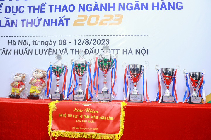 Ban tổ chức trưng bày mẫu cúp, huy trương, cờ, linh vật sử dụng cho Đại hội.