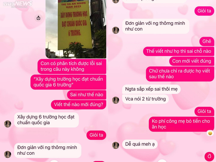 Cuộc nói chuyện của một phụ huynh và con gái của mình về sự không hợp lý về cấu trúc tiếng Việt trong bảng khẩu hiệu tuyên truyền tại thị xã An Nhơn.