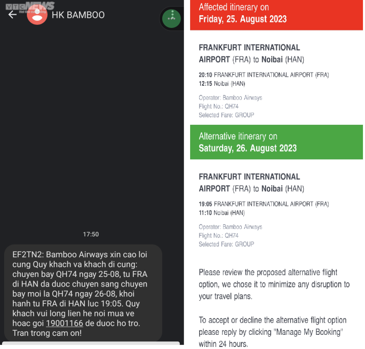 Thông báo thay đổi lịch trình chuyến bay của Bamboo Airways. (Ảnh: NVCC)