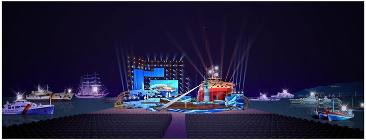 Phối cảnh sân khấu Chương trình chính luận nghệ thuật “Mạnh giàu từ biển quê hương”.