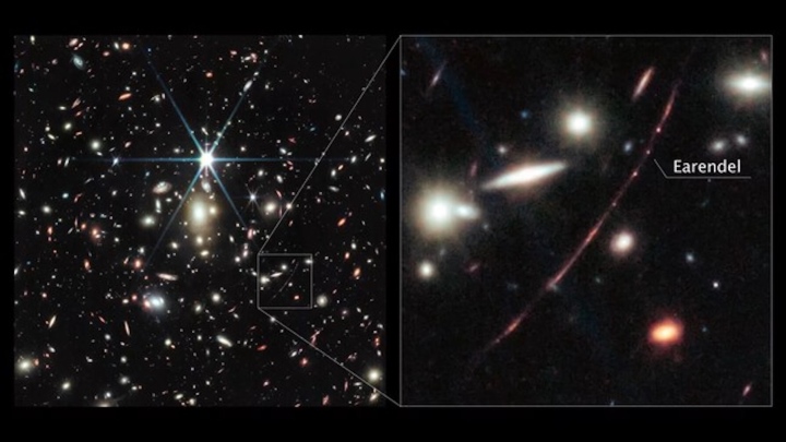 Một cụm thiên hà khổng lồ (trái) phóng đại ánh sáng của ngôi sao xa nhất được biết đến trong vũ trụ (phải). (Ảnh: NASA, ESA, CSA, D. Coe. )