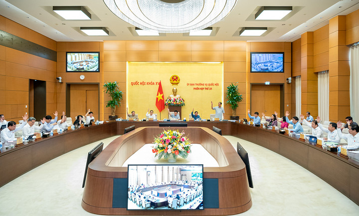 Thành viên Ủy ban Thường vụ Quốc hội biểu quyết các nội dung của dự thảo nghị quyết sửa đổi, bổ sung một số điều của Nghị quyết 657/2019.