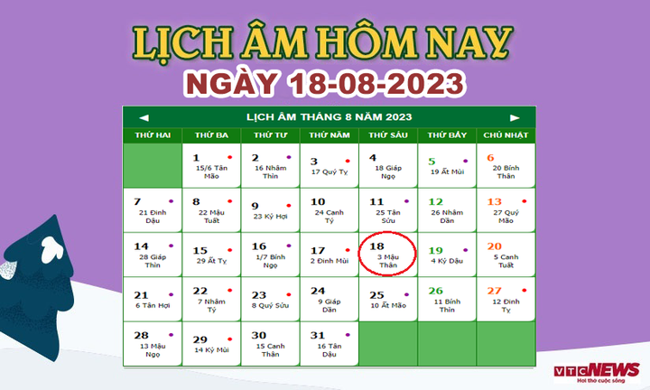 Xem lịch âm hôm nay ngày 18/8/2023.