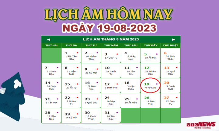 Xem lịch âm hôm nay ngày 19/8/2023.