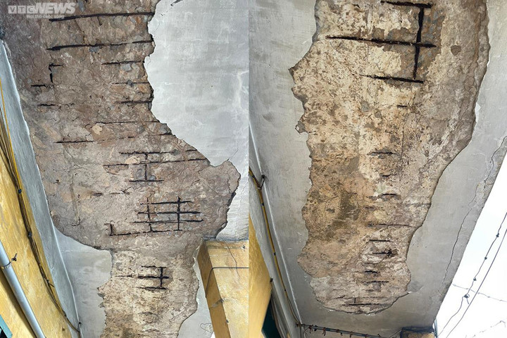 Từ những mảng trần bong tróc để lộ ra kết cấu sắt thép đã hoen gỉ.