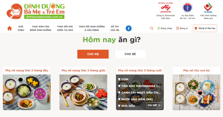 Phần mềm đề xuất thực đơn cân bằng dinh dưỡng cho mẹ và bé do Ajinomoto Việt Nam phát triển.