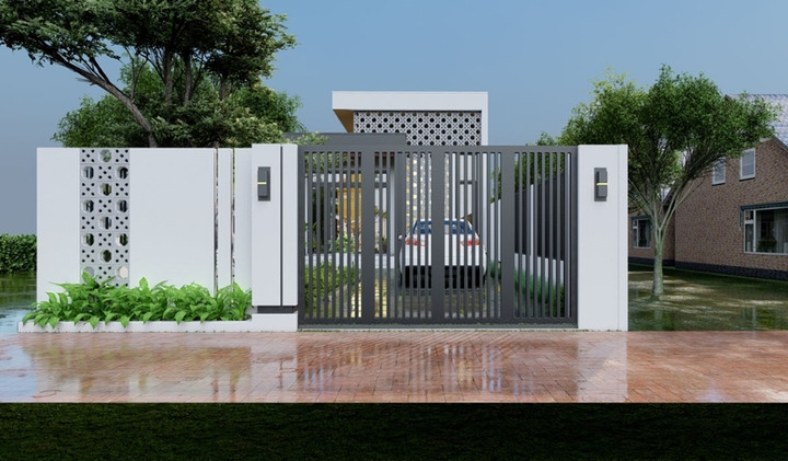 Với khu đất rộng, gia chủ có thể chọn mẫu nhà cấp 4 có sân vườn, 3 phòng ngủ. Mặt tiền nhà cách điệu với mảng thông gió hoa văn xinh xắn. (Ảnh: Datthu)