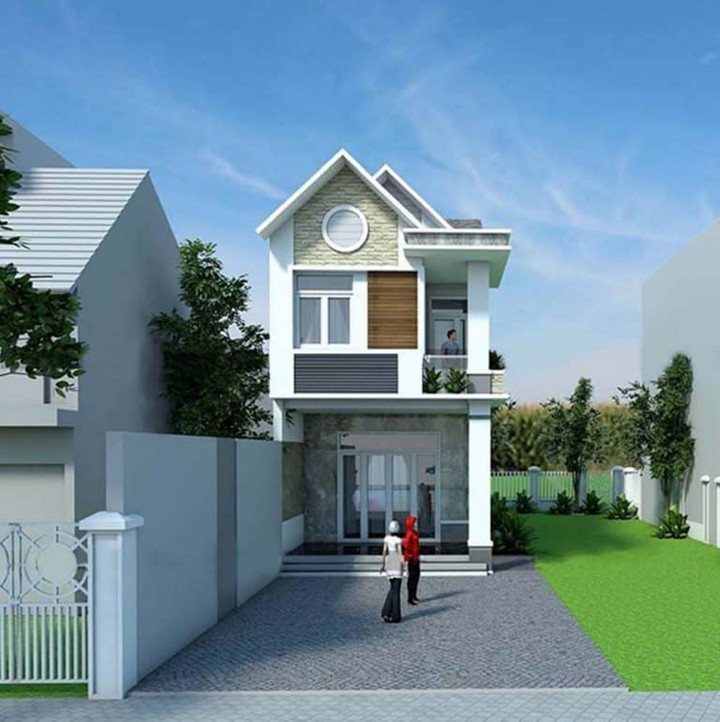 Mẫu nhà 2 tầng mái thái lệch và giật cấp cá tính. (Ảnh: Wedo)