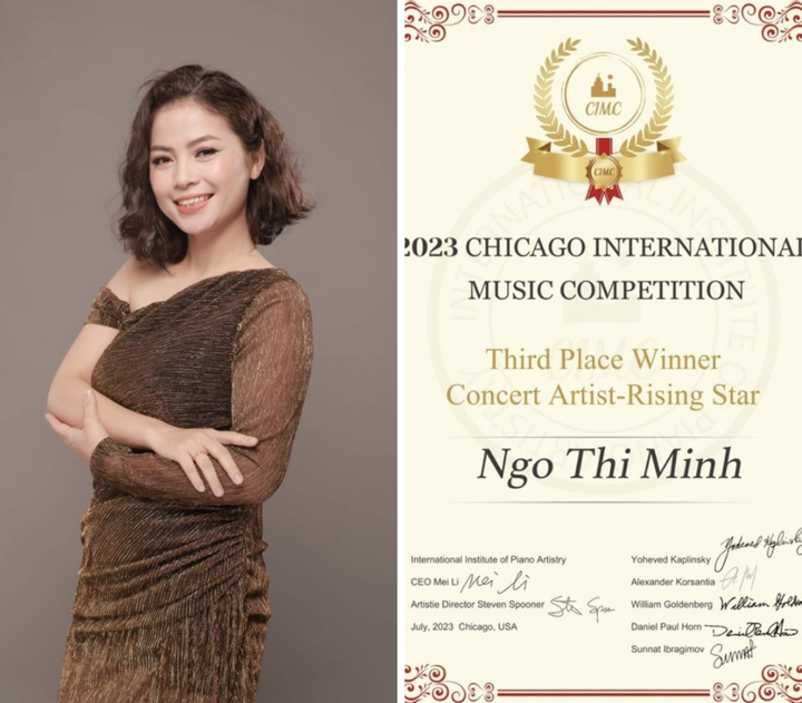 Minh Minh và chứng nhận giải thưởng cuộc thi Âm nhạc Quốc tế Chicago.