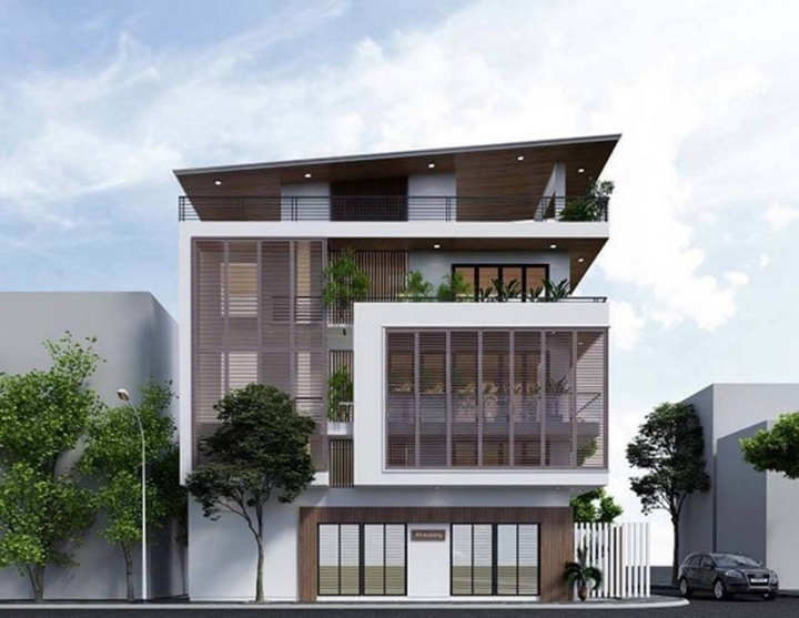 Mô hình thiết kế nhà ở kết hợp cho thuê làm văn phòng hiện đại. Trong đó, tầng 1 là nơi để xe, 2 tầng trên cho thuê làm văn phòng, phòng ngủ trên tầng 3 và tầng 4 làm sân thượng. (Ảnh: Soulconcept)