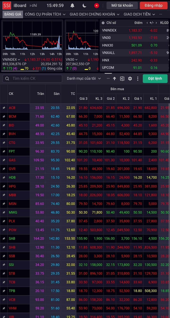 Thị trường chứng khoán ngày 25/8 nhuốm đỏ. (Ảnh chụp màn hình)
