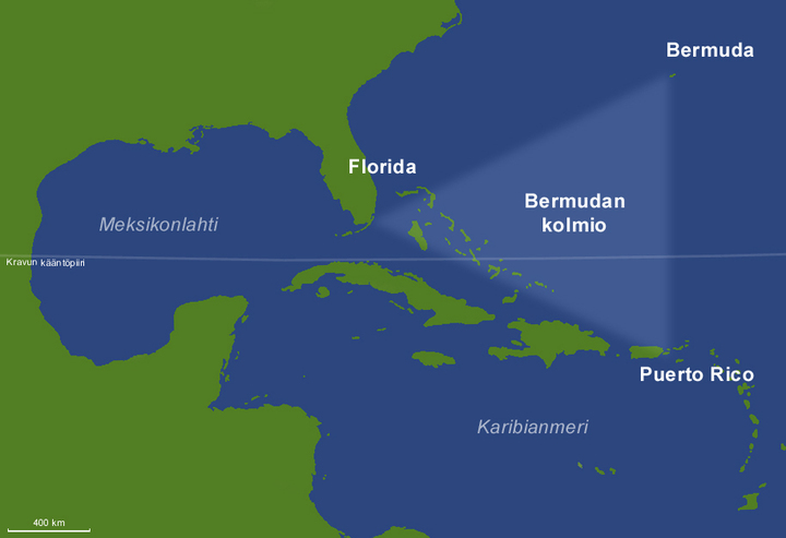 Tam giác Bermudan nằm ở vùng sáng trong bản đồ. (Ảnh: Wikipedia)
