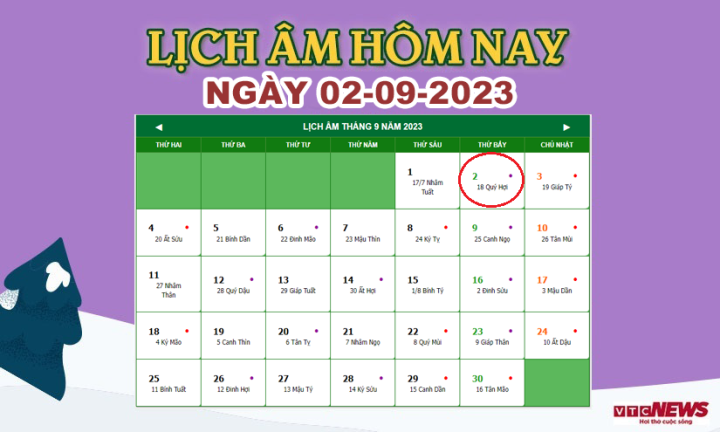 Xem lịch âm hôm nay ngày 2/9/2023.