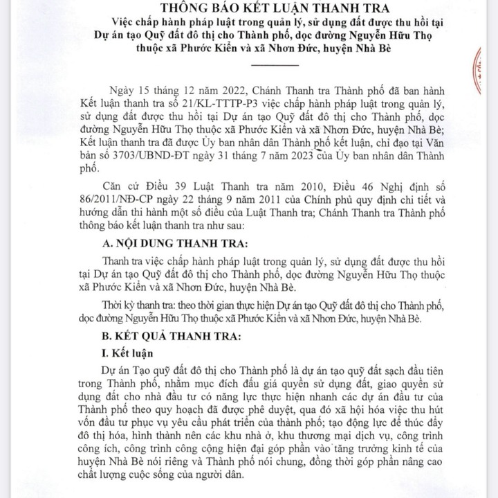 Thanh tra TP.HCM chỉ ra nhiều vi phạm trong việc chấp hành pháp luật trong quản lý, sử dụng đất được thu hồi tại dự án tạo quỹ đất đô thị cho thành phố, dọc đường Nguyễn Hữu Thọ thuộc xã Phước Kiển và xã Nhơn Đức, huyện Nhà Bè. (Ảnh minh họa)