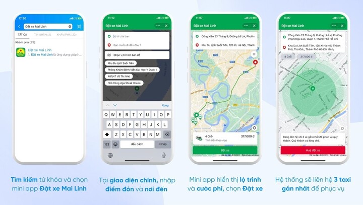 Các bước đặt xe Mai Linh nhanh chóng, đơn giản qua mini app trên Zalo.