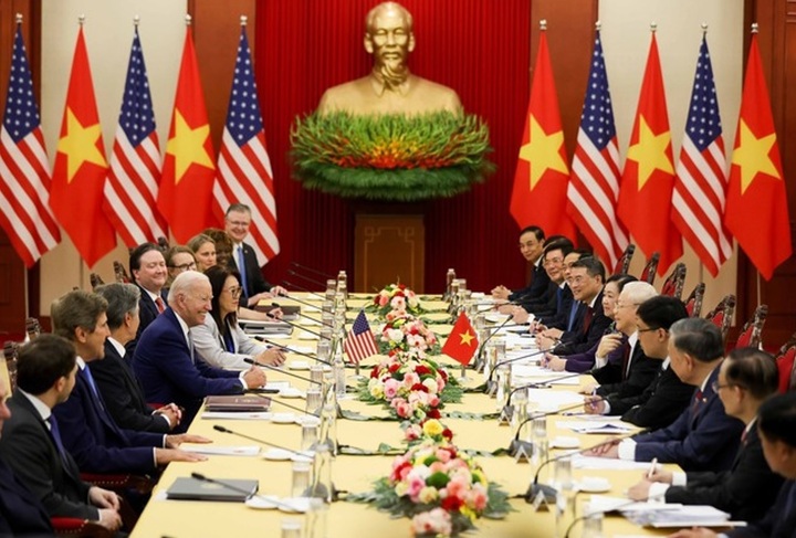 Toạ đàm giữ Tổng Bí thư Nguyễn Phú Trọng và Tổng thống Hoa Kỳ Joe Biden. (Ảnh: Báo Chính phủ)