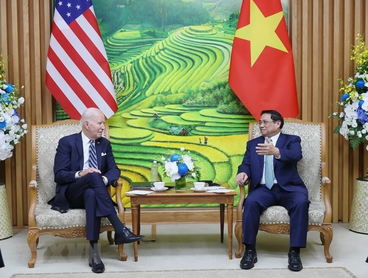 Tổng thống Mỹ Joe Biden hội kiến với Thủ tướng Phạm Minh Chính. (Ảnh: TTXVN)