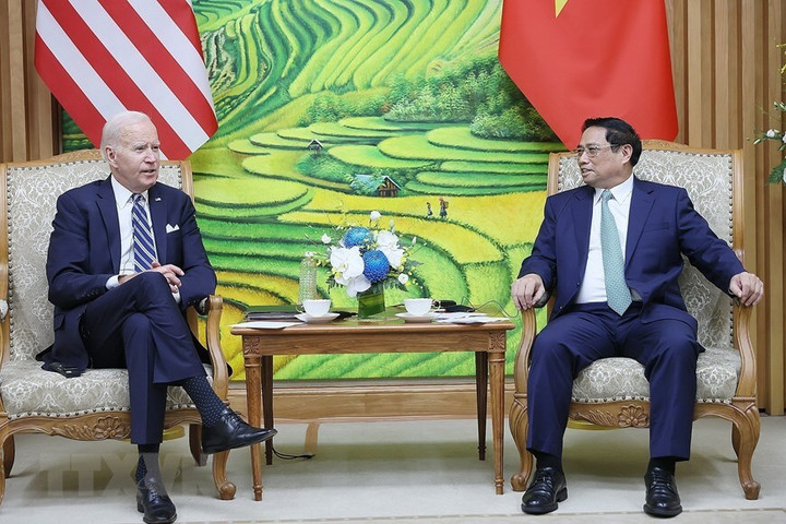 Thủ tướng Phạm Minh Chính hội kiến Tổng thống Hoa Kỳ Joe Biden. (Ảnh: Dương Giang/TTXVN)