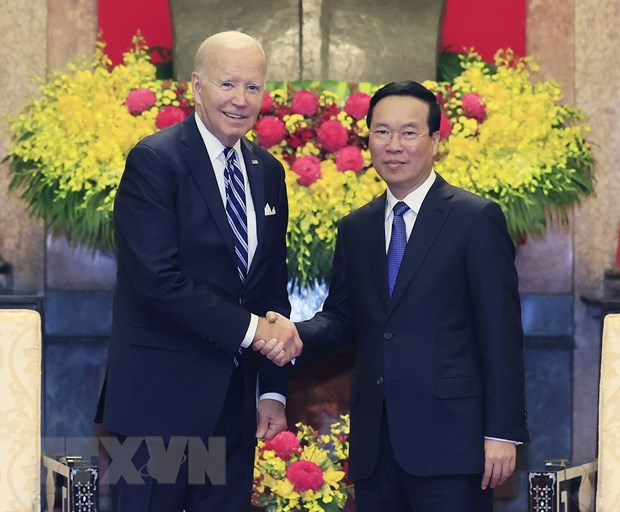 Chủ tịch nước Võ Văn Thưởng tiếp Tổng thống Hoa Kỳ Joe Biden. (Ảnh: Thống Nhất/TTXVN)