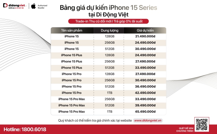 Bảng giá dự kiến iPhone 15 series tại Di Động Việt
