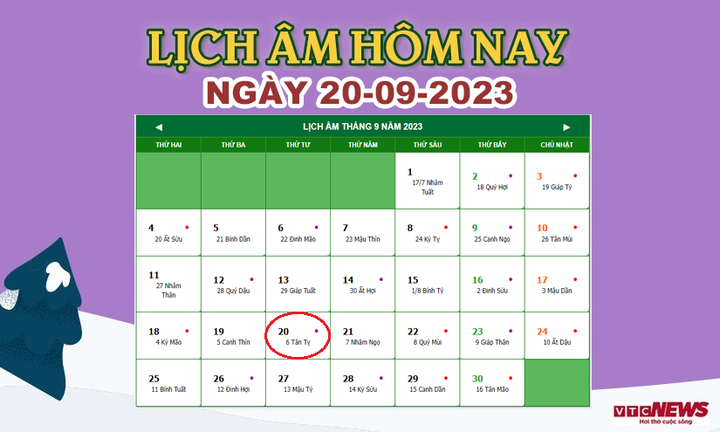 Xem lịch âm hôm nay ngày 20/9/2023.