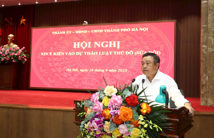 Chủ tịch UBND thành phố Hà Nội Trần Sỹ Thanh phát biểu tại hội nghị.