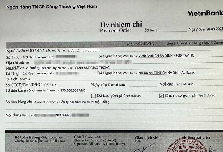 Phiếu xác nhận ủy nhiệm chi của anh Đ. sau khi hoàn thành nghĩa vụ tài chính đấu giá biển số.
