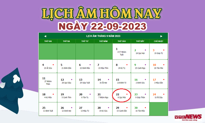 Xem lịch âm hôm nay ngày 22/9/2023.
