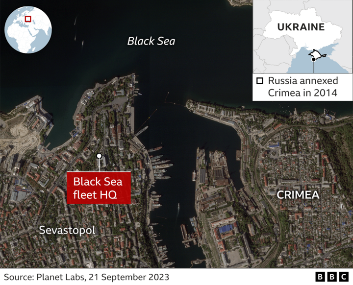 Vị trí sở chỉ huy Hạm đội biển Đen ở trung tâm Sevastopol. (Đồ họa BBC)