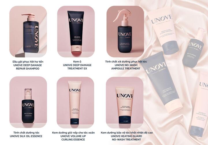 Bộ 6 sản phẩm UNOVE với 2 dòng chuyên biệt giúp nuôi dưỡng và phục hồi tóc hư tổn.