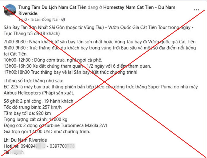 Lãnh đạo vườn quốc gia Cát Tiên khẳng định không có tour du lịch bằng trực thăng với giá 12.000 USD.