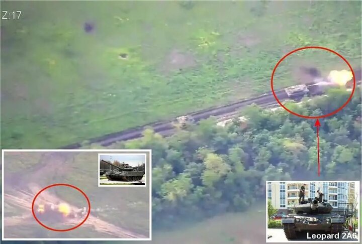 Hình ảnh được cắt từ đoạn video cho thấy xe tăng Leopard 2A6 của Ukraine bắn trúng xe tăng T-80BV của Nga.