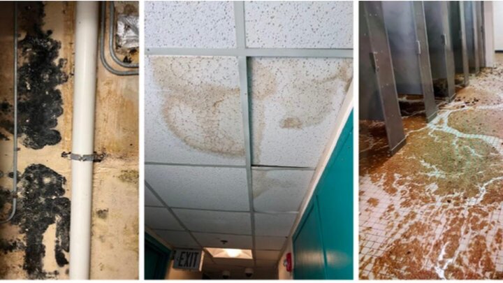 Bên trong một căn cứ quân sự được GAO kiểm tra: Nhà vệ sinh ngập nước, hệ thống nước thải hỏng nặng và trần nhà xập xệ. (Ảnh: GAO)