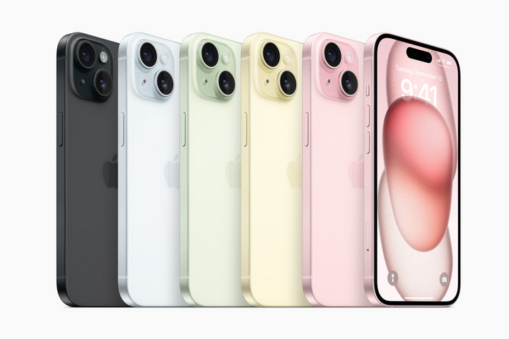 iPhone 15 và 15 Plus có đủ 5 màu pastel “đốn tim” người dùng với các màu: hồng, vàng, xanh lá, xanh dương và đen. (Ảnh: Apple).