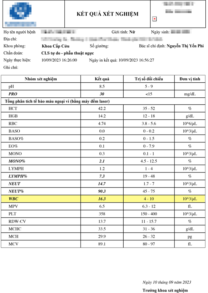 Kết quả xét nghiệm chị T cho thấy chị bị nhiễm trùng và bạch cầu cao.