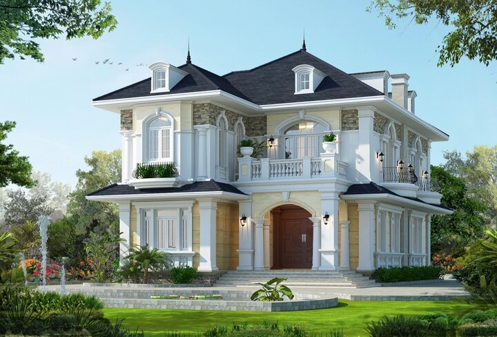 Thiết kế nhà 2 tầng 4 phòng ngủ theo phong cách tân cổ điển với nhiều đường nét, hoa văn mạch lạc, ấn tượng. Thiết kế ngoại thất đẹp mắt và khoa học, đảm bảo phong thủy.