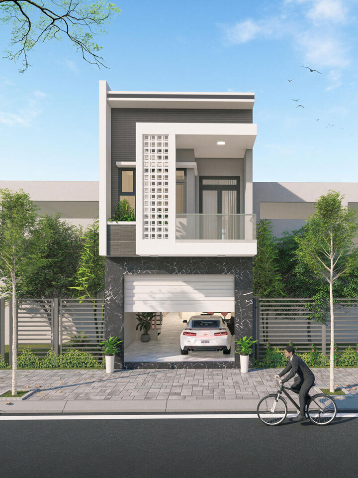 Mẫu thiết kế có đường nét khỏe khoắn cùng màu sắc sang trọng, thích hợp cho những căn nhà phố hoặc mặt tiền, có nhiều thành viên. Tầng trệt có chỗ đậu xe rộng rãi trong nhà với cửa sắt an toàn.