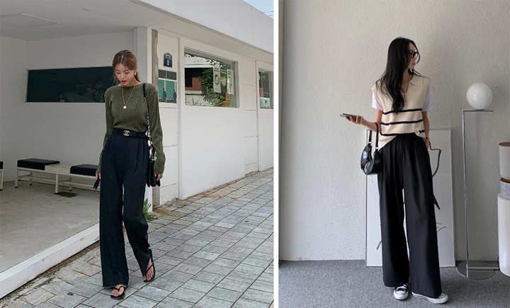 Quần đen ống rộng gần như có thể "ăn nhập" với mọi kiểu áo có sẵn trong tủ đồ.