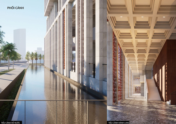 Hình ảnh san hô đỏ, sản vật biển có giá trị sinh học và thẩm mỹ cao được cách điệu trở thành hoa văn cho hệ thống rèm che nắng bằng bê tông màu cốt sợi thủy tinh trên mặt đứng nghỉ và sảnh thông tầng. Các không gian chức năng đặc biệt như hội trường, kho lưu trữ dữ liệu được bố trí bên trong phù hợp với diện tích lớn và yêu cầu kỹ thuật đặc biệt.