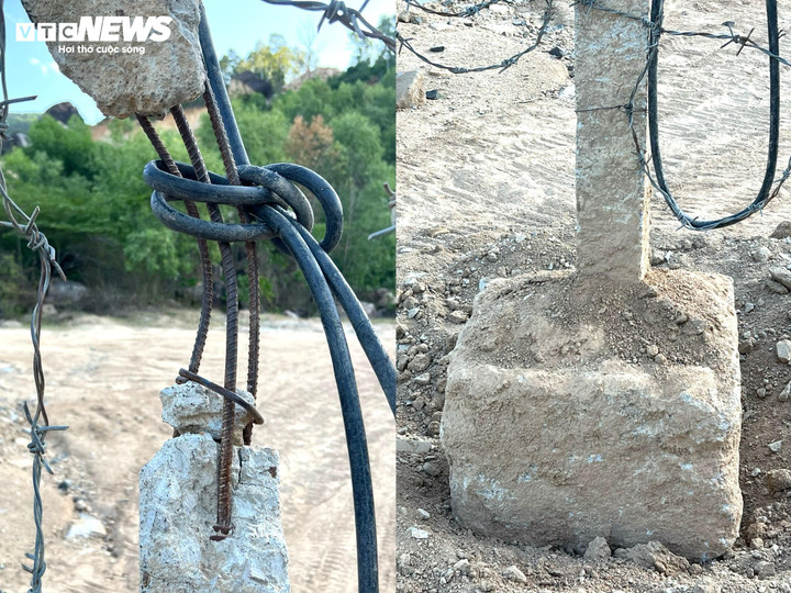 Hình ảnh cột và chân rào bao quanh bị "đá tặc" phá bung để làm đường thông vận chuyển đá.